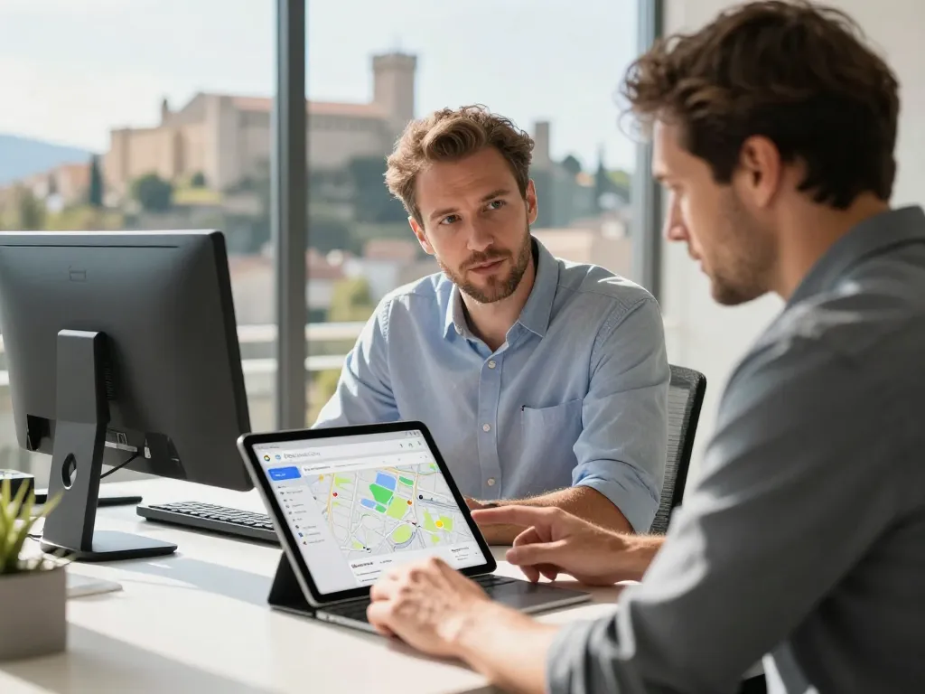 Un consultant en stratégie digitale et un entrepreneur analysant le positionnement local sur une tablette dans un bureau moderne à Perpignan.