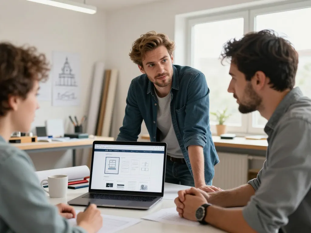 Un artisan et un concepteur de sites internet en pleine discussion pour la création d'un projet web dans un bureau à Perpignan.