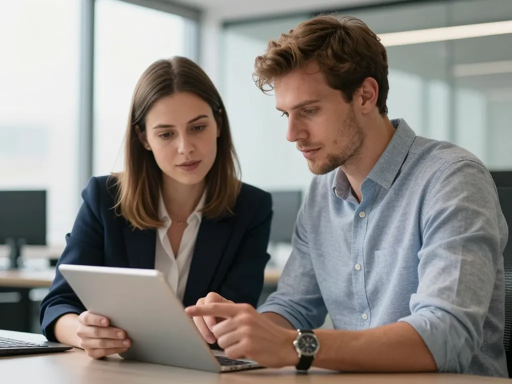 Sarah et Julien, deux collaborateurs professionnels souriants, travaillant ensemble sur une tablette numérique dans un bureau high-tech.