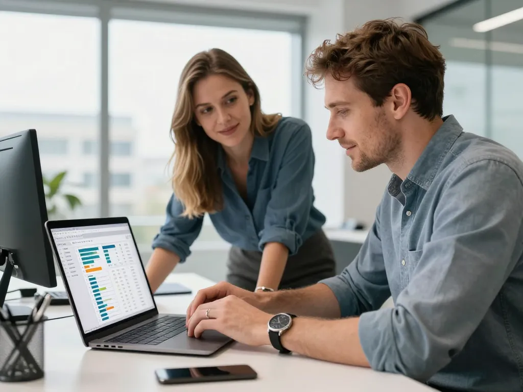 Sarah et Thomas, experts en stratégie SEO à Perpignan, travaillent ensemble sur l'analyse de visibilité web d'un client.