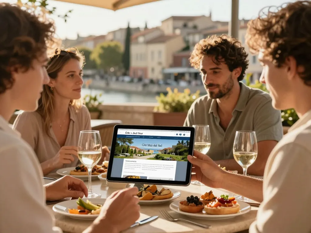 Des convives attablés à la terrasse d'un restaurant à Perpignan utilisant une tablette tactile pour planifier un séjour en gîte.