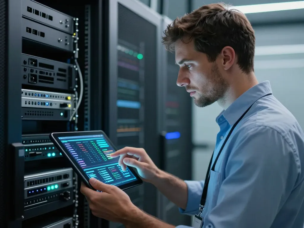 Technicien expert en cybersécurité surveillant des indicateurs de performance sur une tablette dans une salle de serveurs haute technologie.