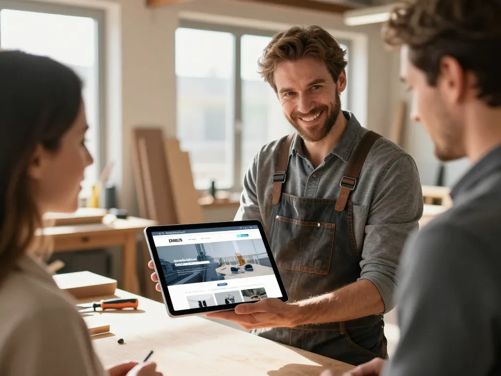 Un artisan local présente son nouveau site internet professionnel sur une tablette dans son atelier à Perpignan.