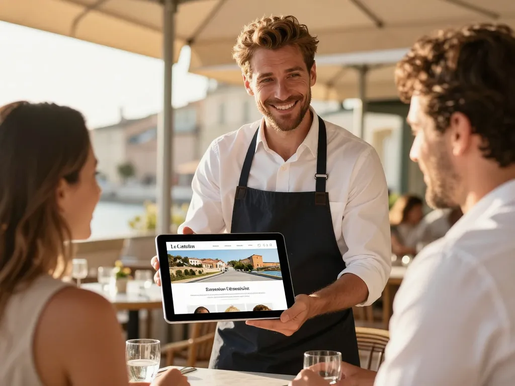 Un restaurateur de Perpignan présentant le site internet de son restaurant Le Catalan sur une tablette à un couple de clients en terrasse.