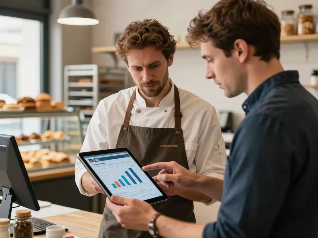 Un artisan boulanger et une experte en marketing numérique analysant les résultats d'un site web sur tablette dans un commerce local.