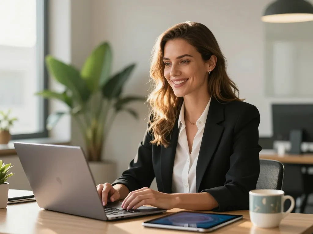 Portrait professionnel de Sophie L., une cliente souriante et satisfaite dans son bureau moderne et lumineux en Roussillon.