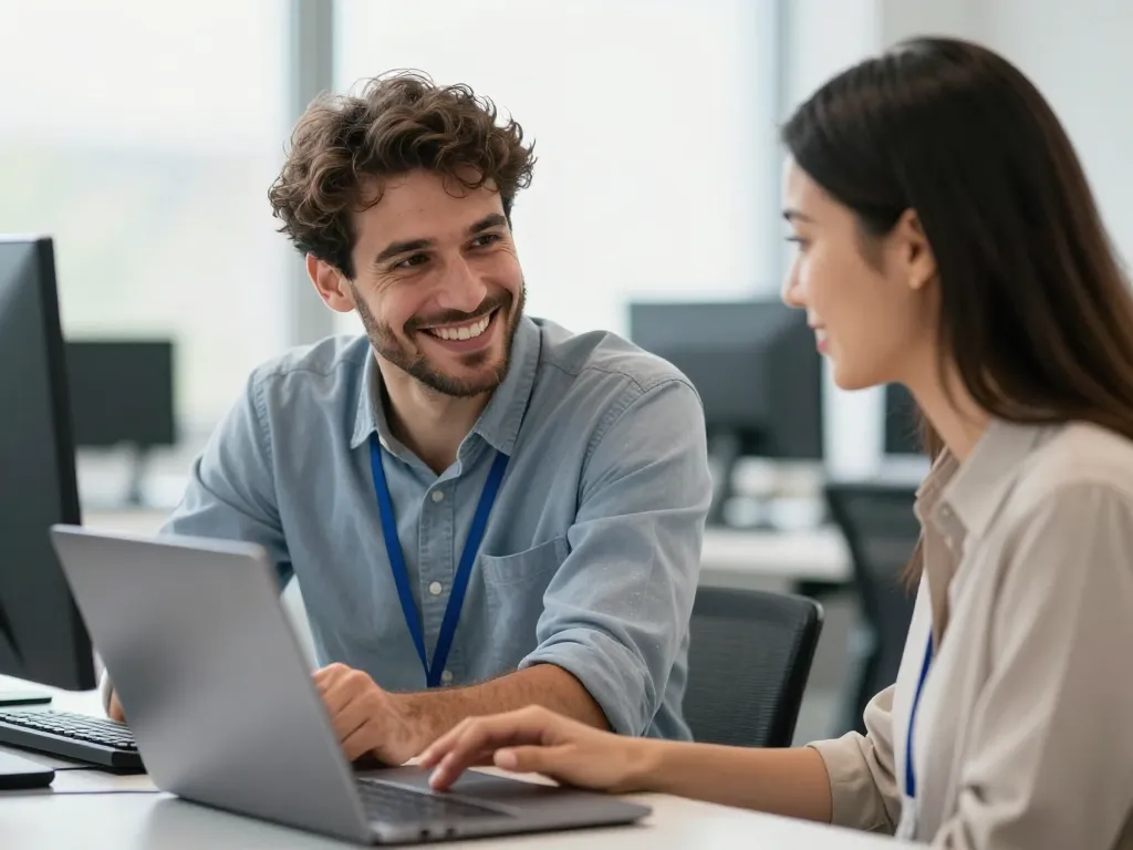 Un technicien informatique professionnel échangeant avec une cliente dans un bureau moderne pour un dépannage de proximité.