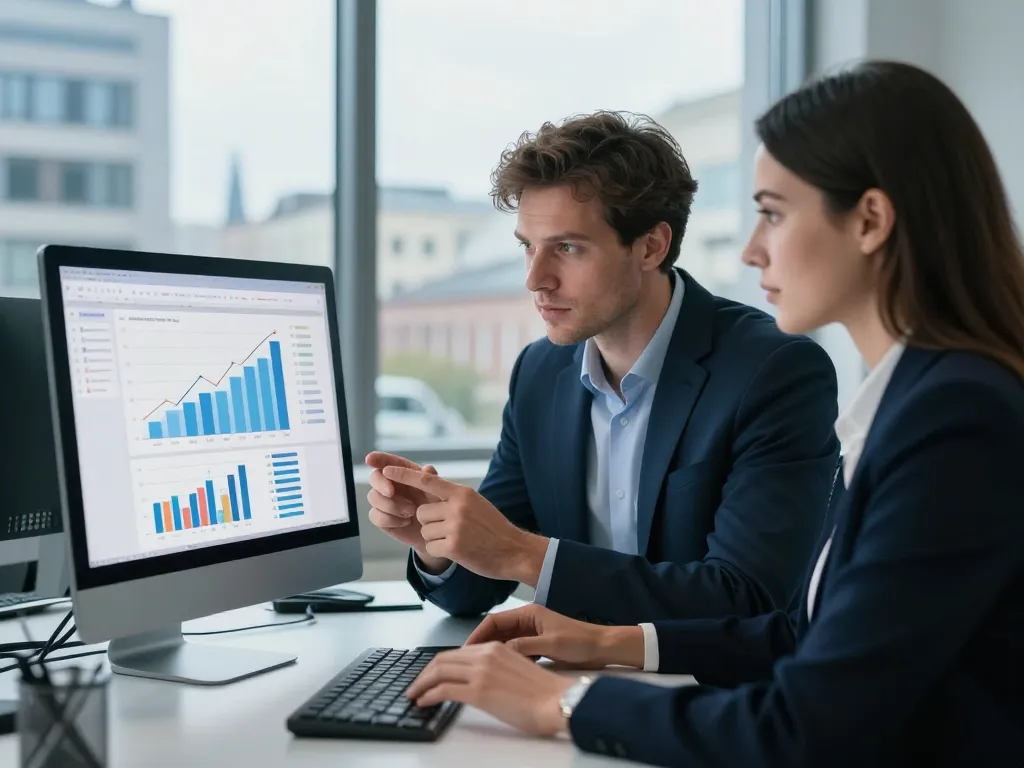 Deux experts en informatique analysant des indicateurs de performance et de rentabilité sur un écran dans un bureau lumineux.