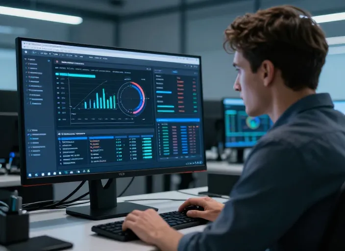 Expert technique surveillant un tableau de bord de monitoring et de maintenance WordPress sur un écran haute technologie.