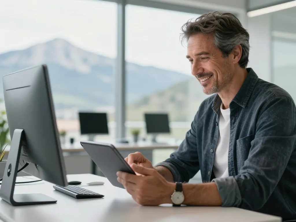 Un client satisfait et souriant échangeant avec un expert informatique dans un bureau moderne à Saint-Estève.
