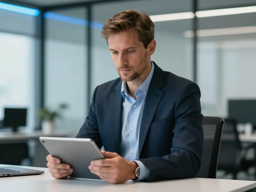 Portrait professionnel d'un dirigeant d'entreprise innovante dans un bureau moderne.
