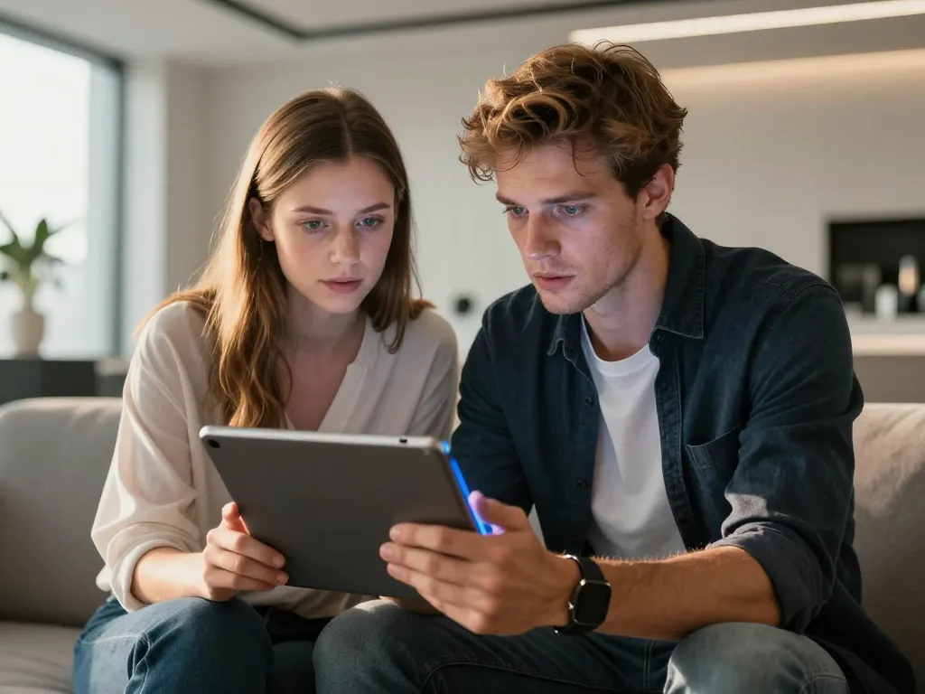 Thomas et Léa partagent un moment de complicité en utilisant une tablette tactile innovante dans un salon au design épuré.