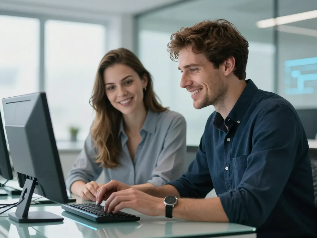 Thomas et Sarah souriants en pleine collaboration professionnelle dans un bureau moderne.