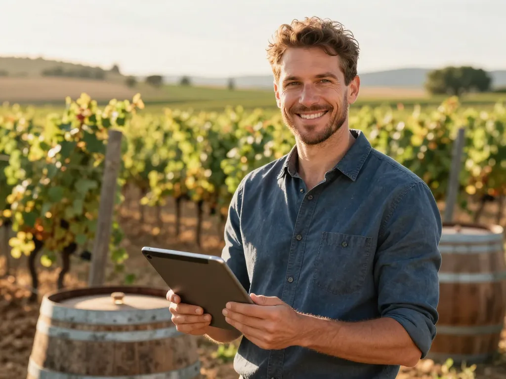 Un vigneron souriant utilisant une tablette numérique au milieu de ses vignes ensoleillées pour illustrer sa réussite locale grâce au numérique.
