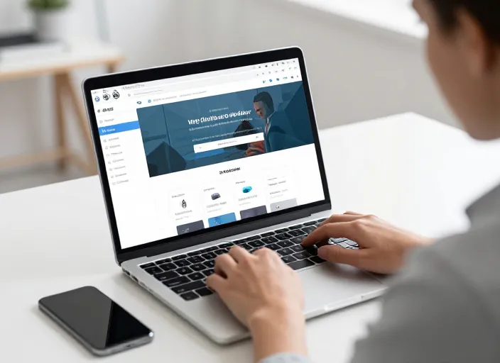 Designer professionnel travaillant sur une maquette de site WordPress moderne et responsive dans un bureau high-tech.