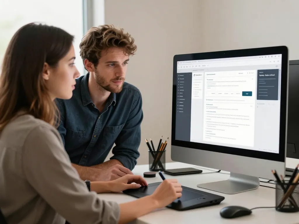 Marc Antoine et Elodie, designers web professionnels, en pleine collaboration sur une interface UX/UI dans un bureau moderne à Perpignan.